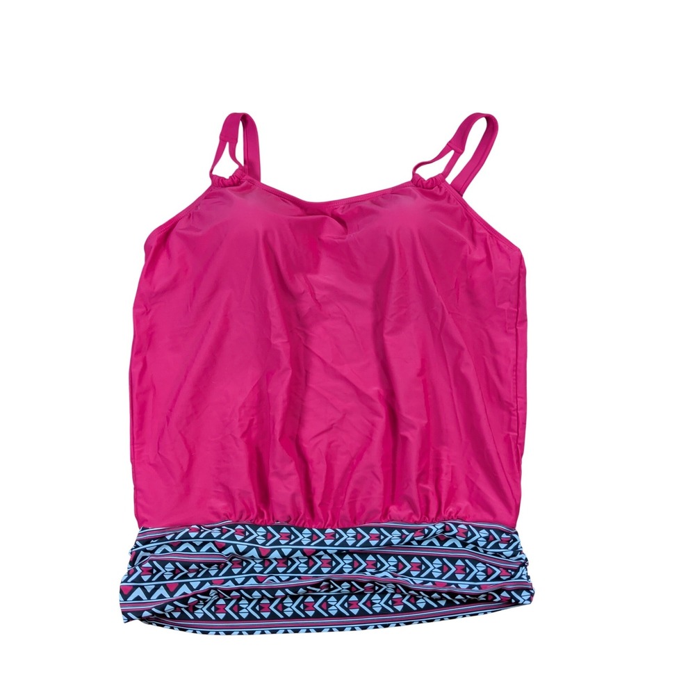 Meet Curve Pink Ruched Tankini‎ Swim Top Size 2XL Built In Bra Tribal Print